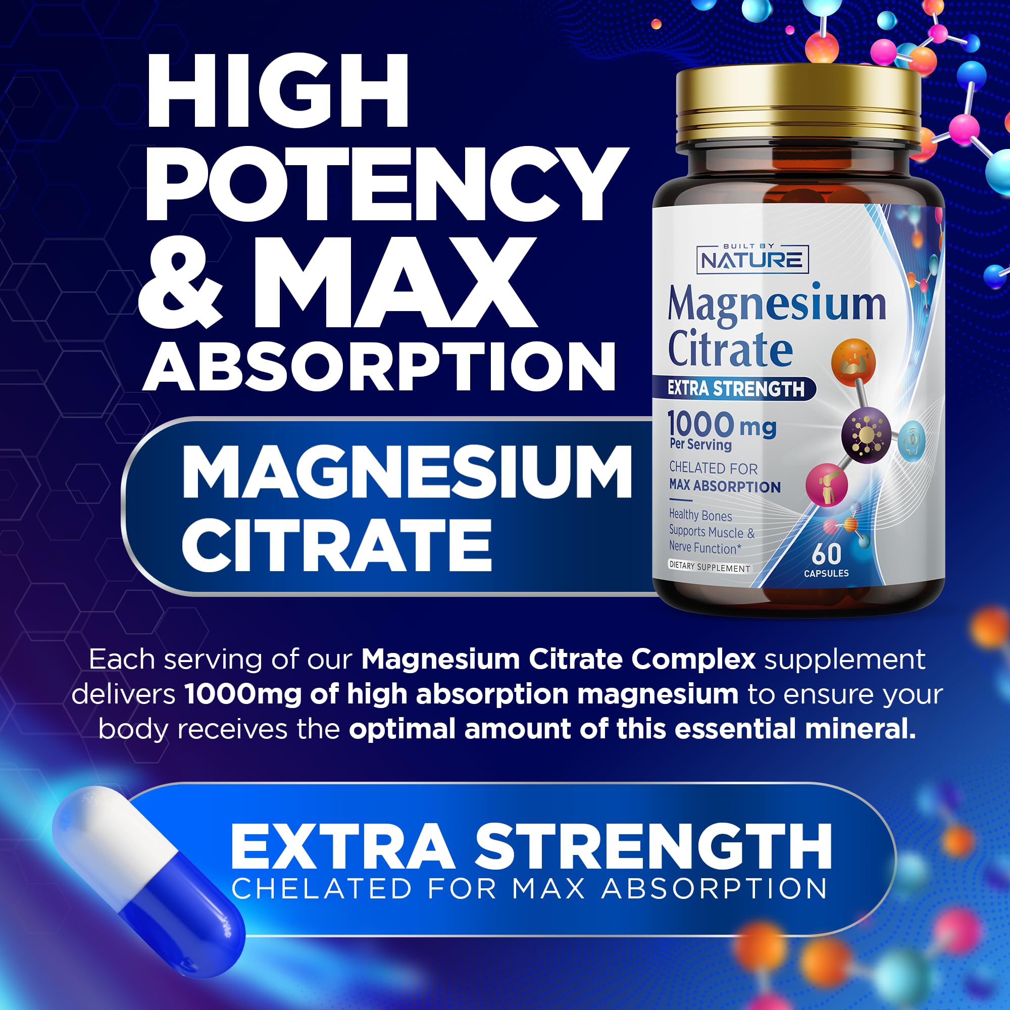 Envase de Built By Nature magnesio citrato 1000mg para uso diario.