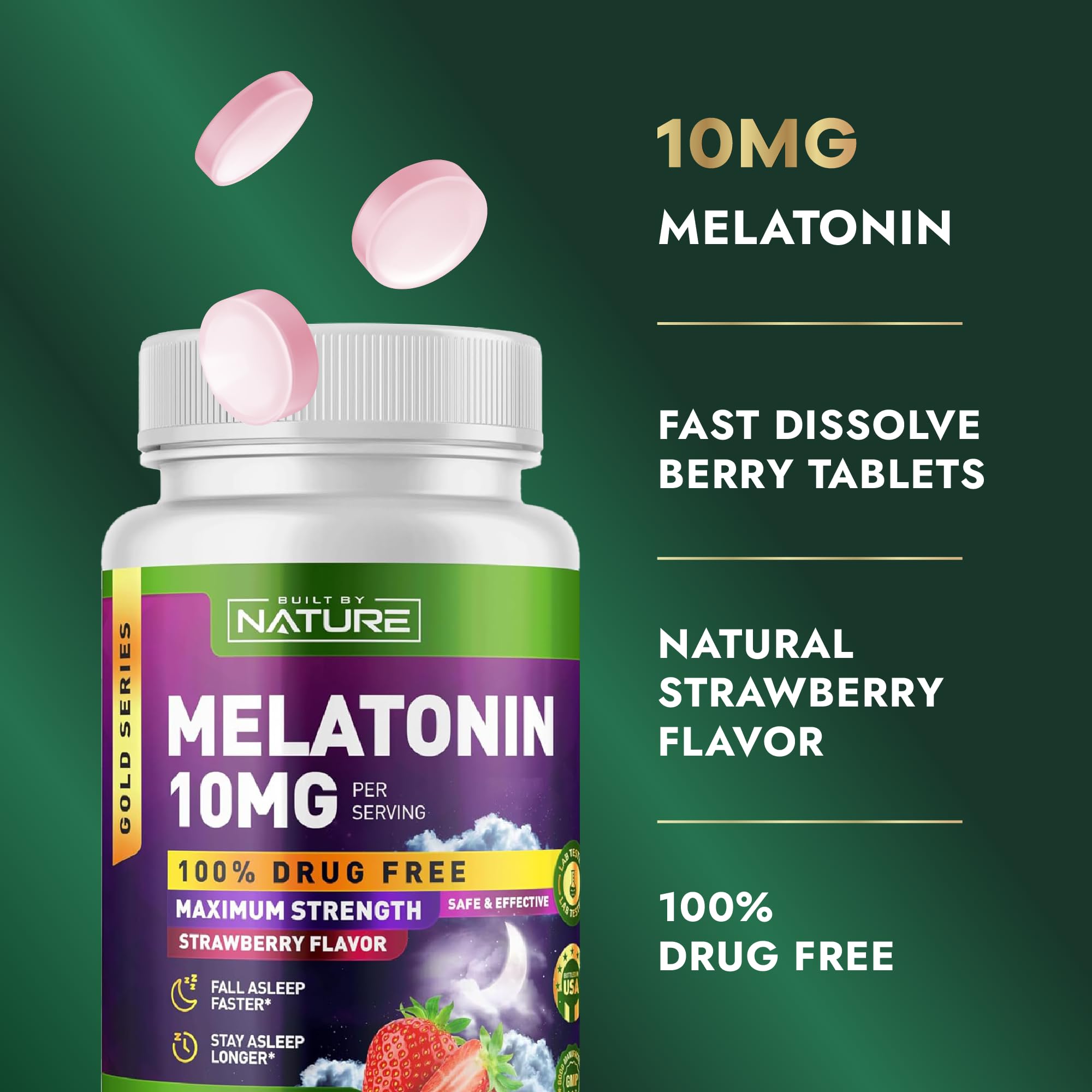 Built by Nature Melatonina 10 mg, relajación nocturna en tabletas masticables.