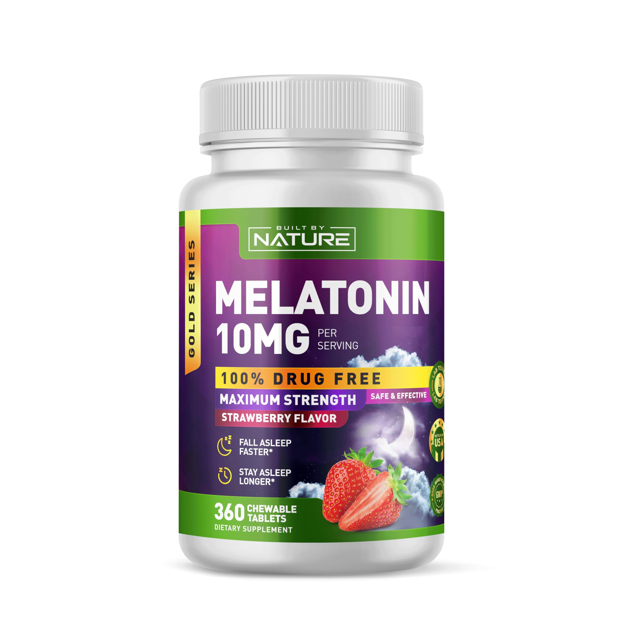 Built by Nature Melatonina 10 mg: tabletas masticables sabor fresa para dormir mejor.