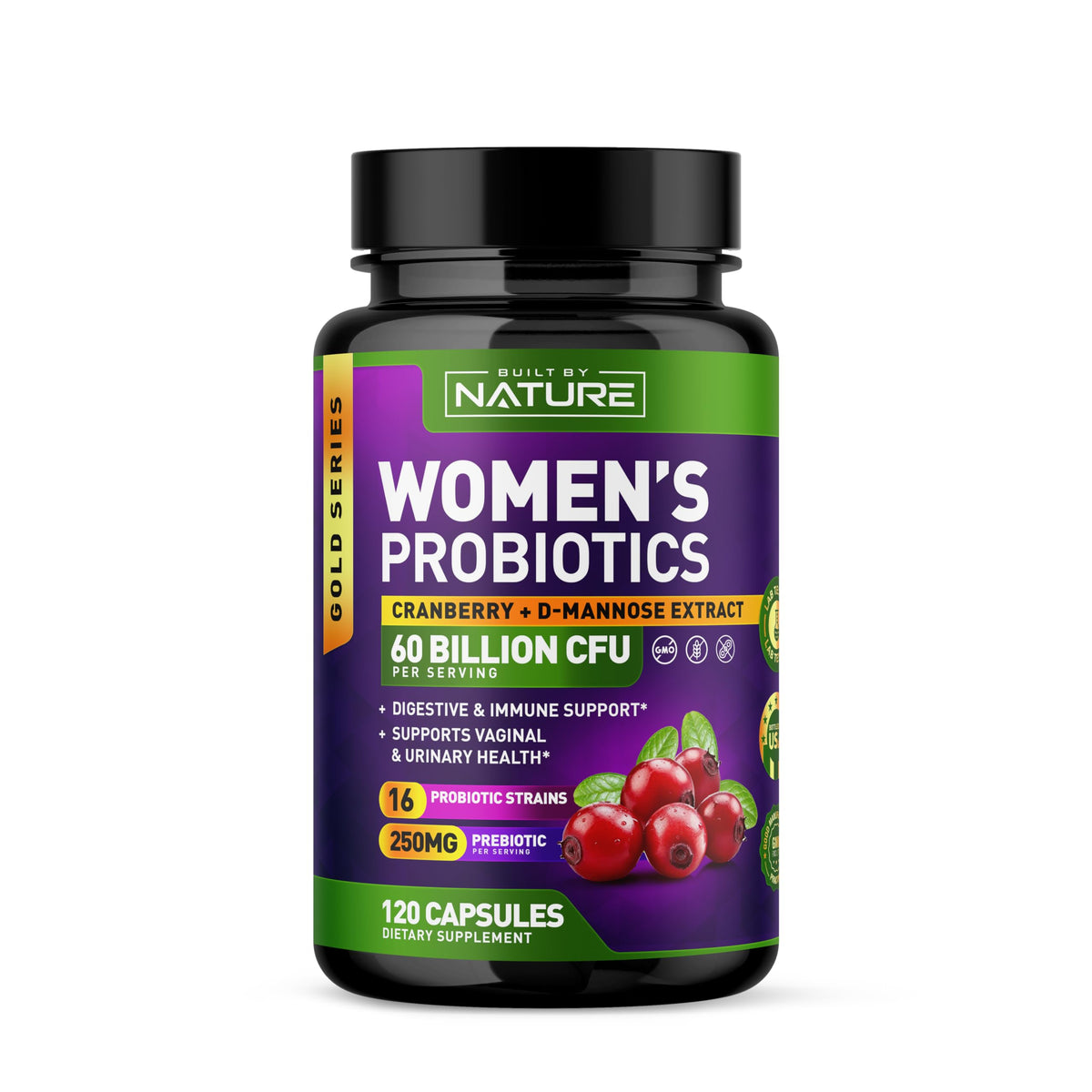 Probióticos Built by Nature para mujeres, botella; equilibrio intestinal diario.