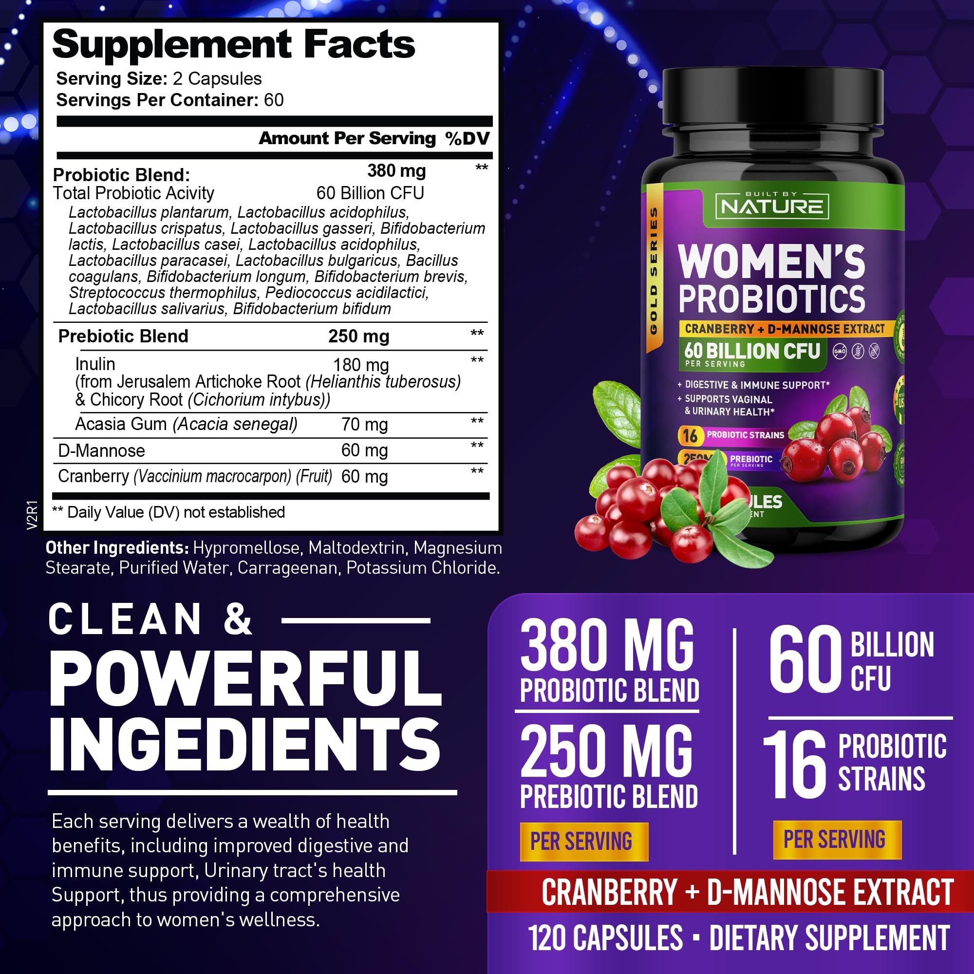 Probióticos Built by Nature para mujeres, cápsulas vegetales; consumo diario cómodo.