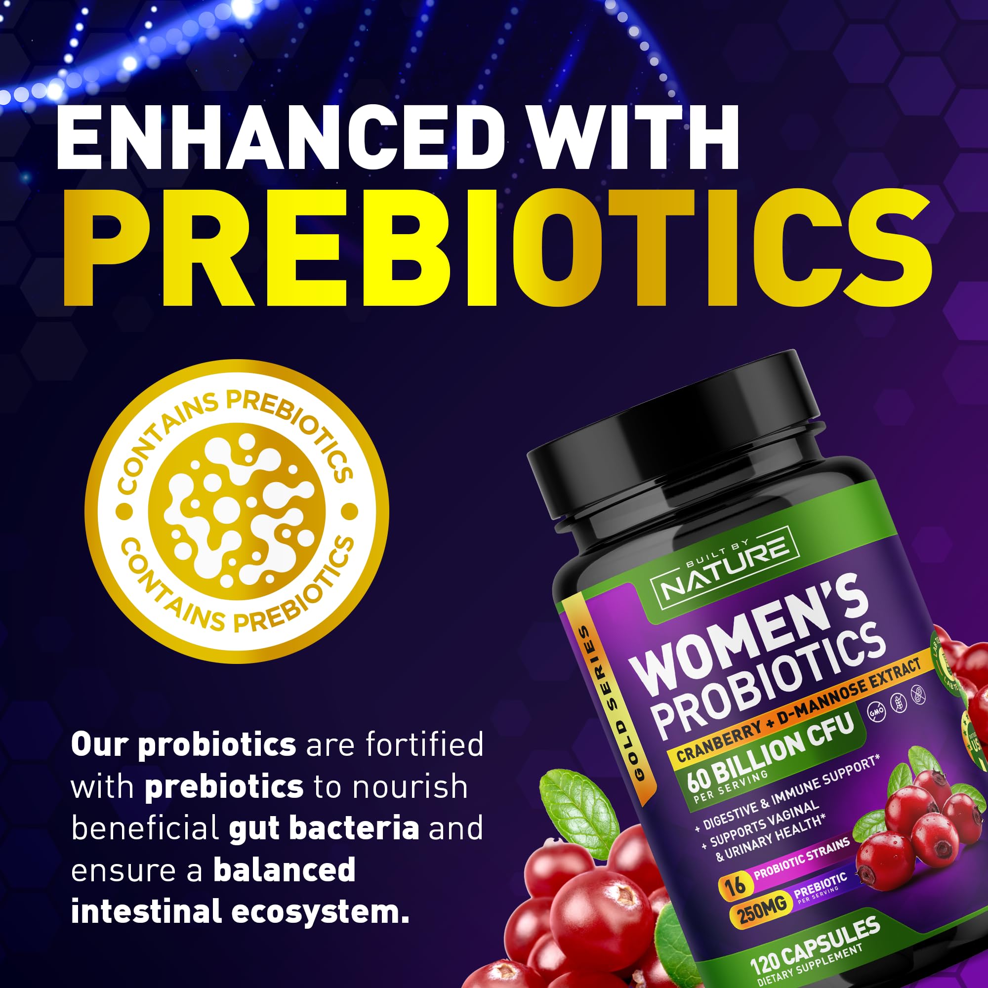 Probióticos Built by Nature para mujeres con estilo de vida activo.