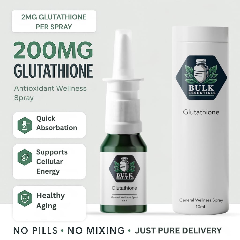 Etiqueta clara de Bulk Essentials Glutathione Spray con información del producto