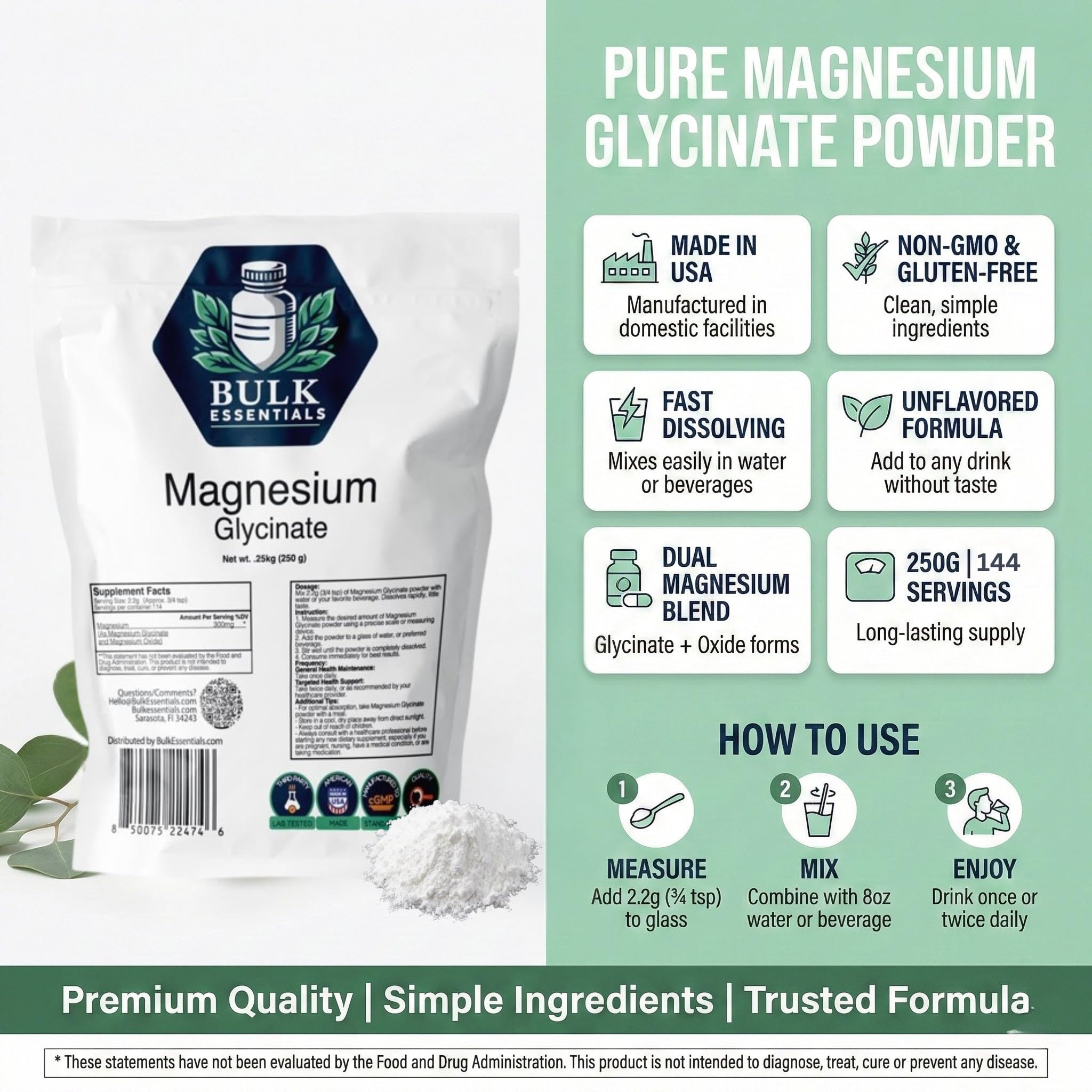 Bulk Essentials Magnesio Glicinato en polvo, disuelto fácilmente en agua para uso diario.