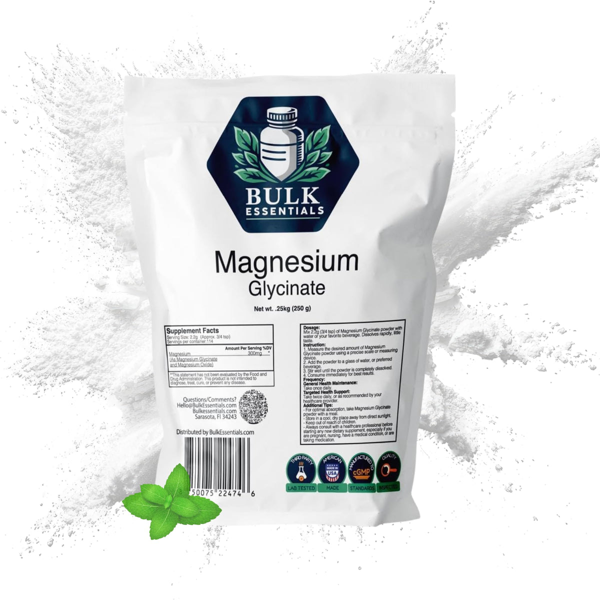 Bulk Essentials Magnesio Glicinato en polvo, envase; apoyo diario para relajación.
