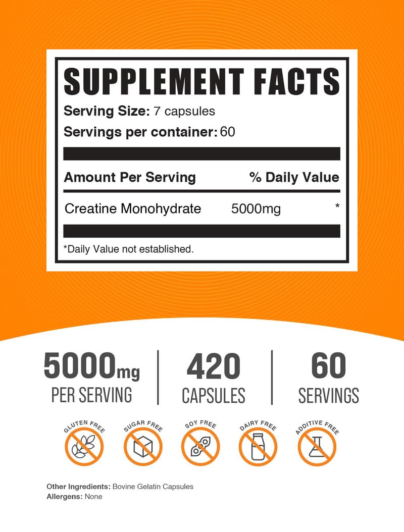 BulkSupplements Creatina Monohidrato, porción de 5000 mg en cápsulas para rendimiento.
