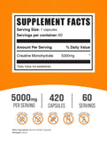 BulkSupplements Creatina Monohidrato, porción de 5000 mg en cápsulas para rendimiento.