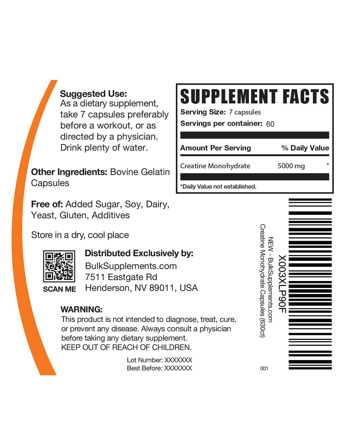 Creatina Monohidrato BulkSupplements, etiqueta libre de gluten para dietas sensibles.