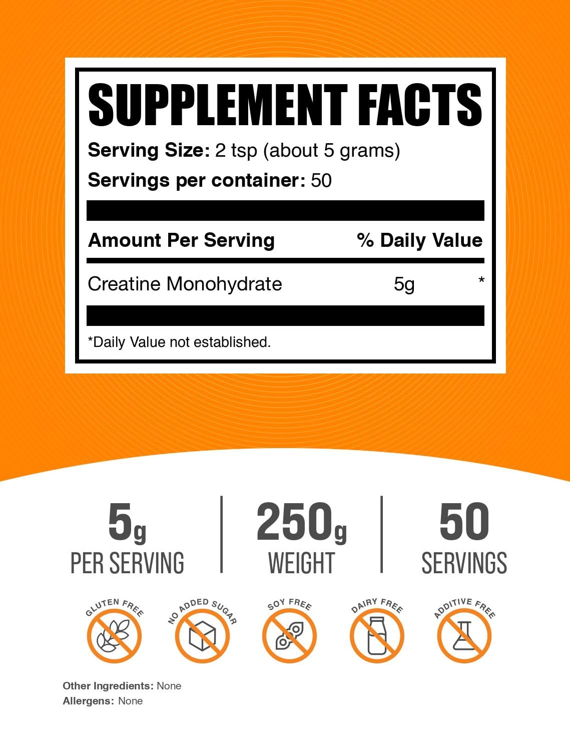 BulkSupplements Creatina Monohidrato: dosis de 5 g por porción para rendimiento
