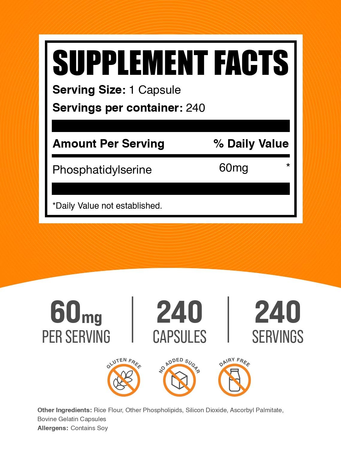 BulkSupplements fosfatidilserina cápsulas frasco-frente: toma diaria fácil.