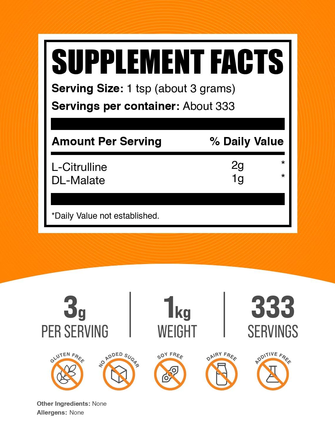 BulkSupplements L-Citrulina Malato 2:1 etiqueta nutricional clara para tu rutina.