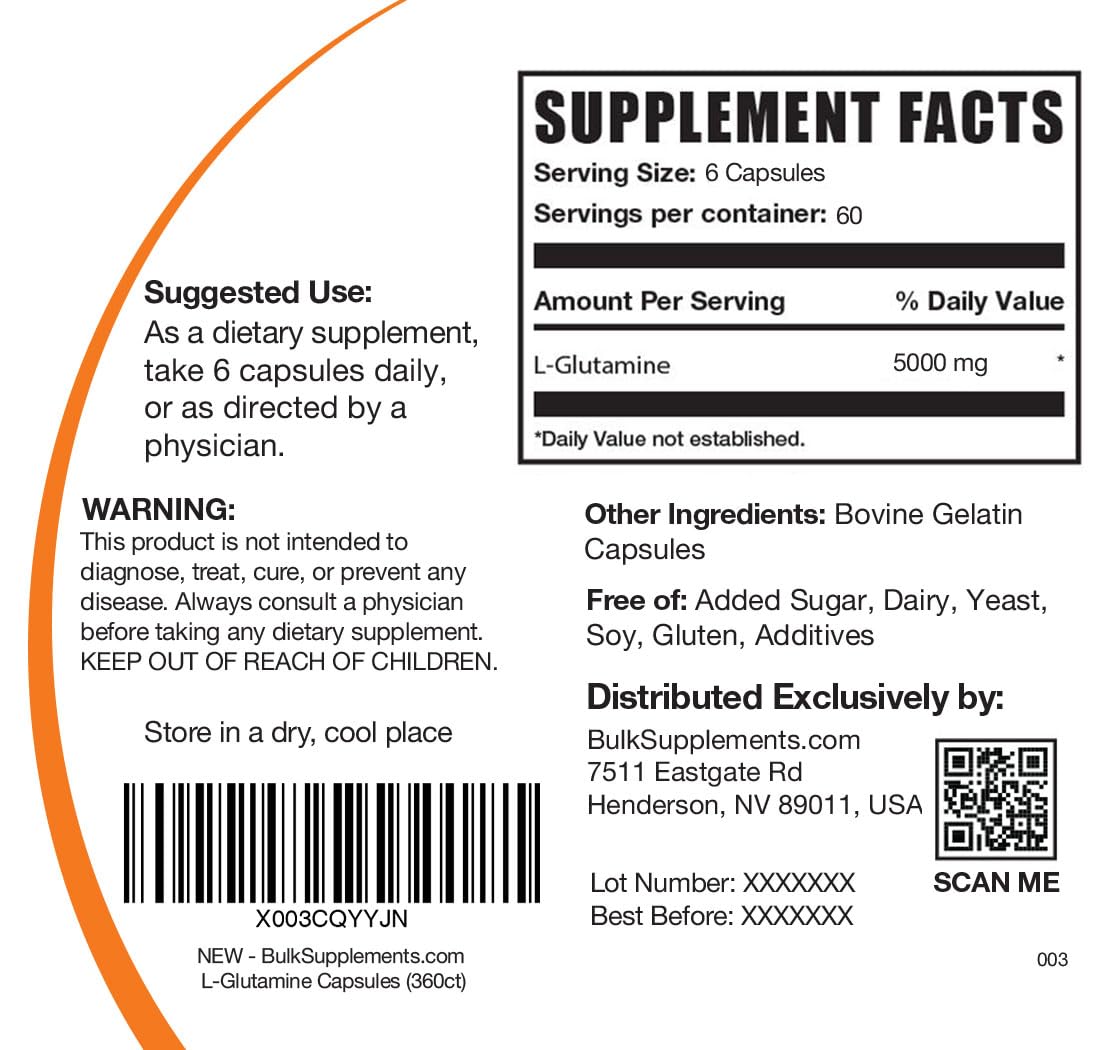 BulkSupplements L-Glutamina cápsulas estilo vida activo para rutina de entrenamiento