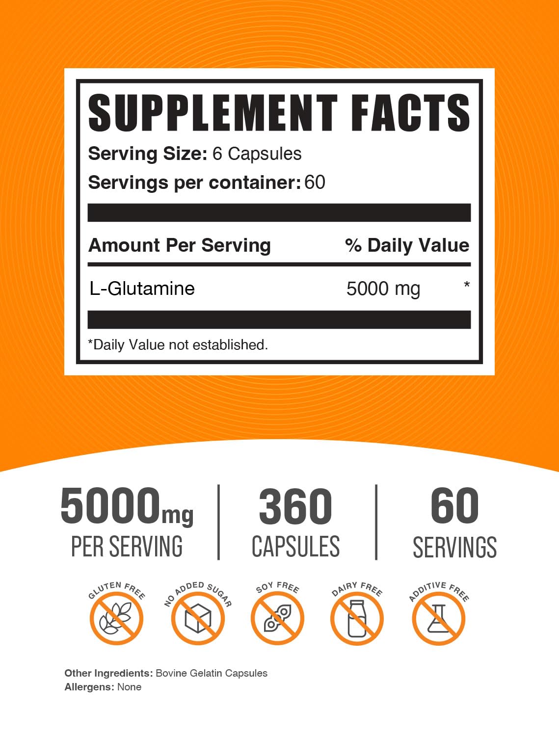 BulkSupplements L-Glutamina cápsulas etiqueta nutricional sin gluten
