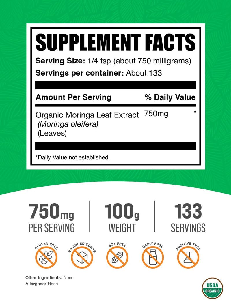 BulkSupplements Moringa Orgánico Polvo - cuchara de medición facilita dosis diaria.