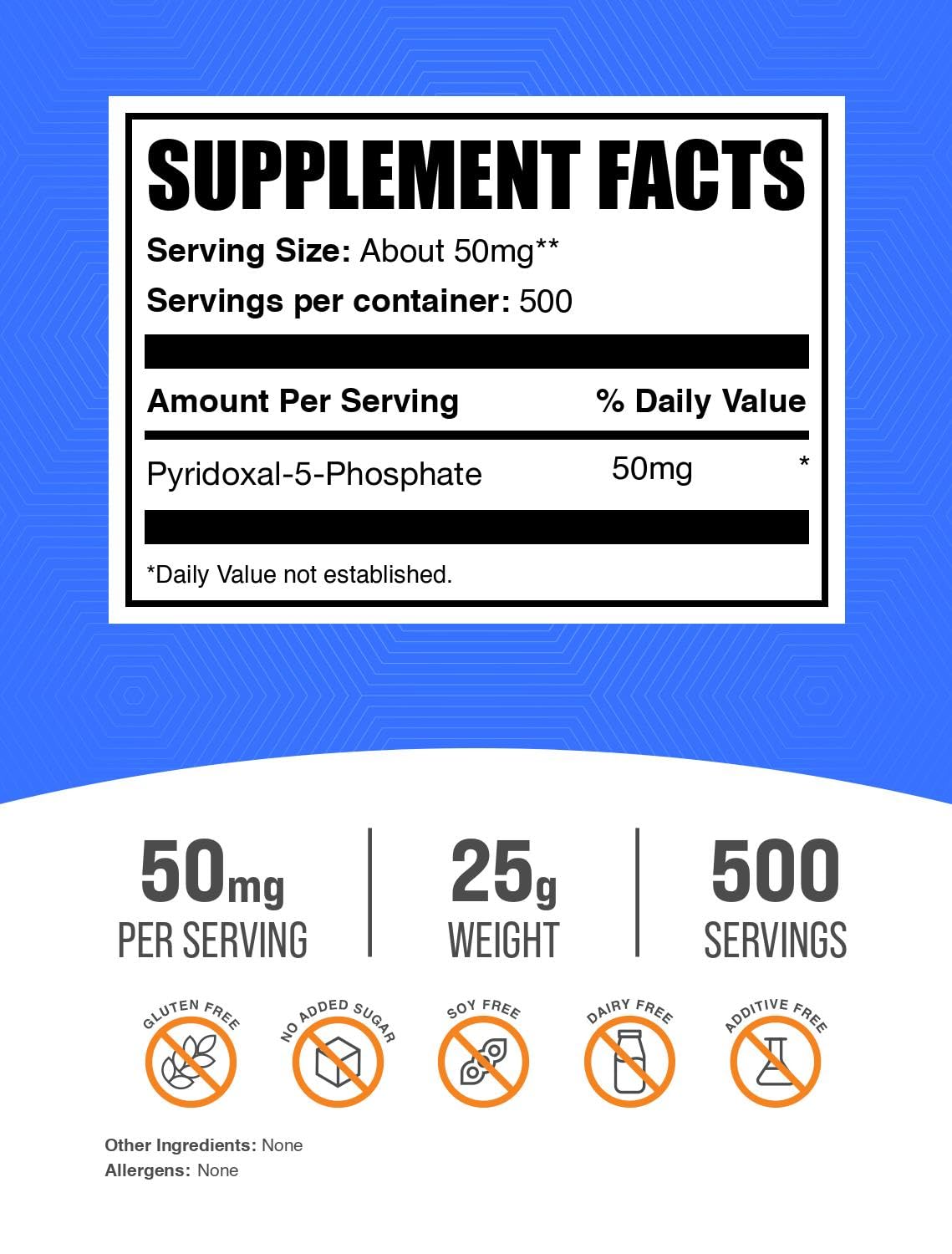BulkSupplements P5P dosis diaria, enfoque porción de 50 mg para uso cotidiano.