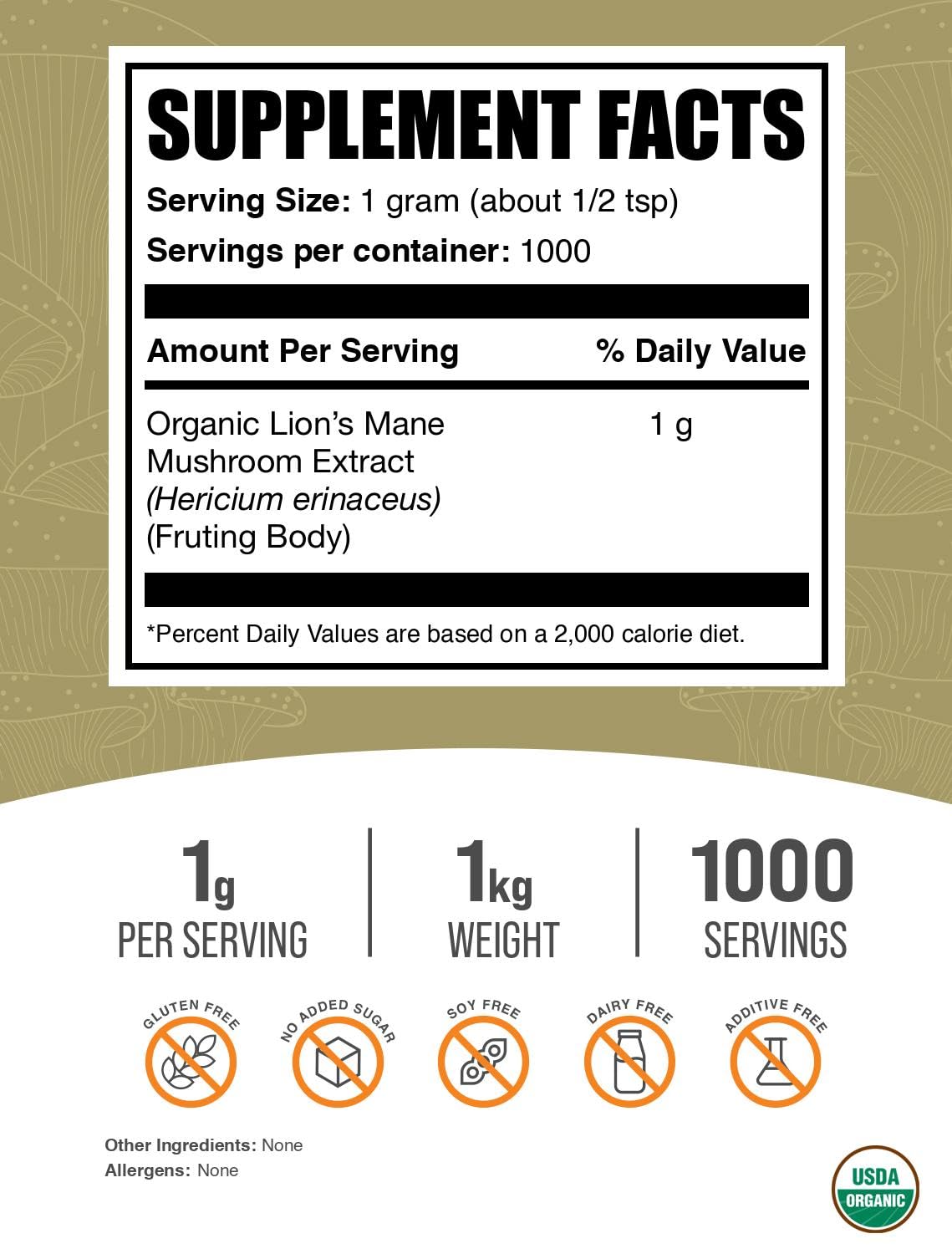 BulkSupplements cuchara medidora muestra polvo melena de león para dosis