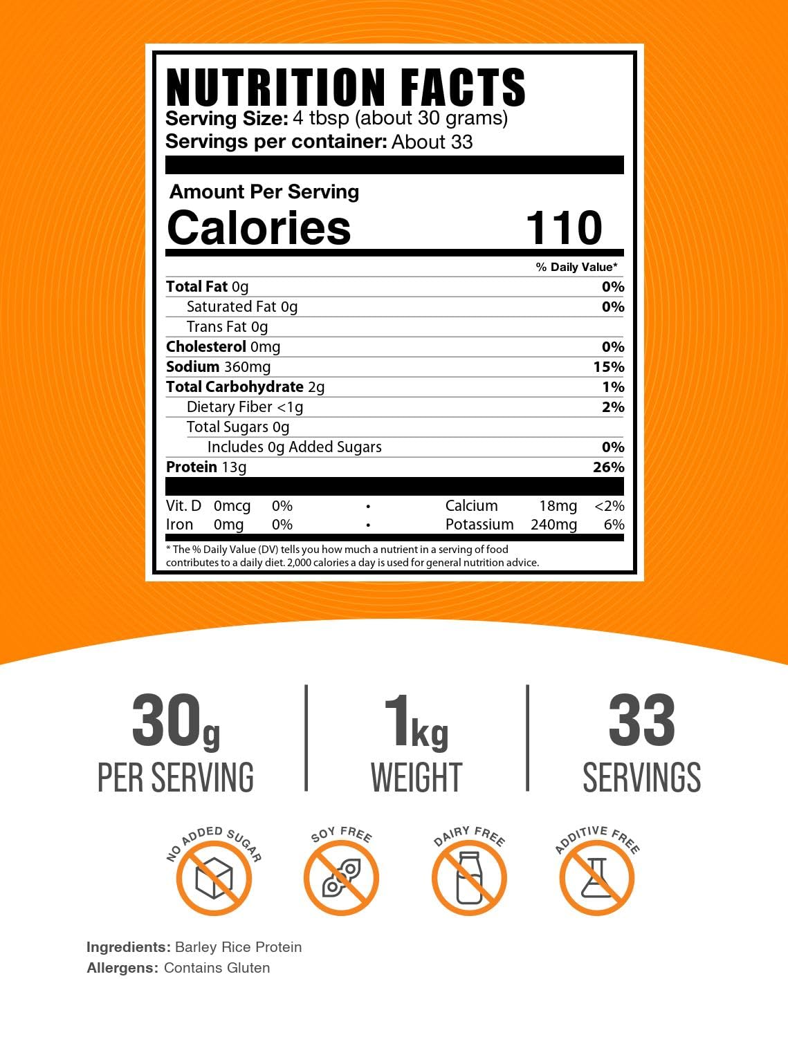 Proteína vegana BulkSupplements de cebada y arroz para batidos nutritivos y sin lácteos