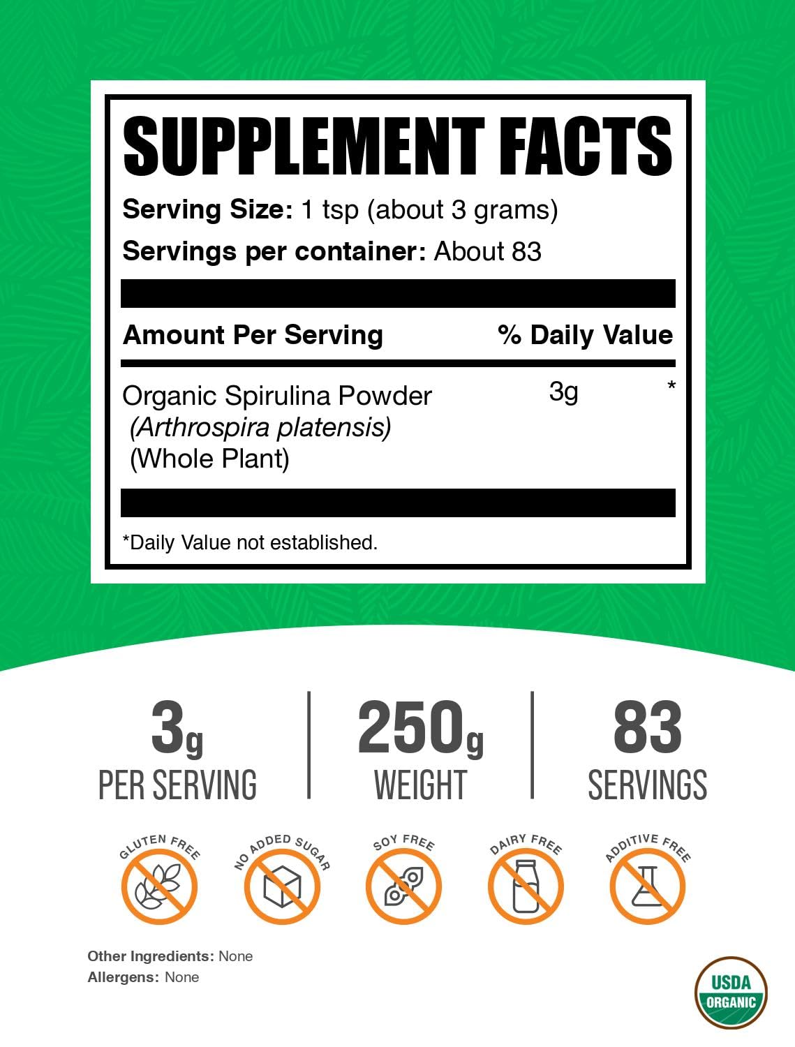 BulkSupplements Spirulina Orgánica envase de 250 g, práctico para la despensa vegana.