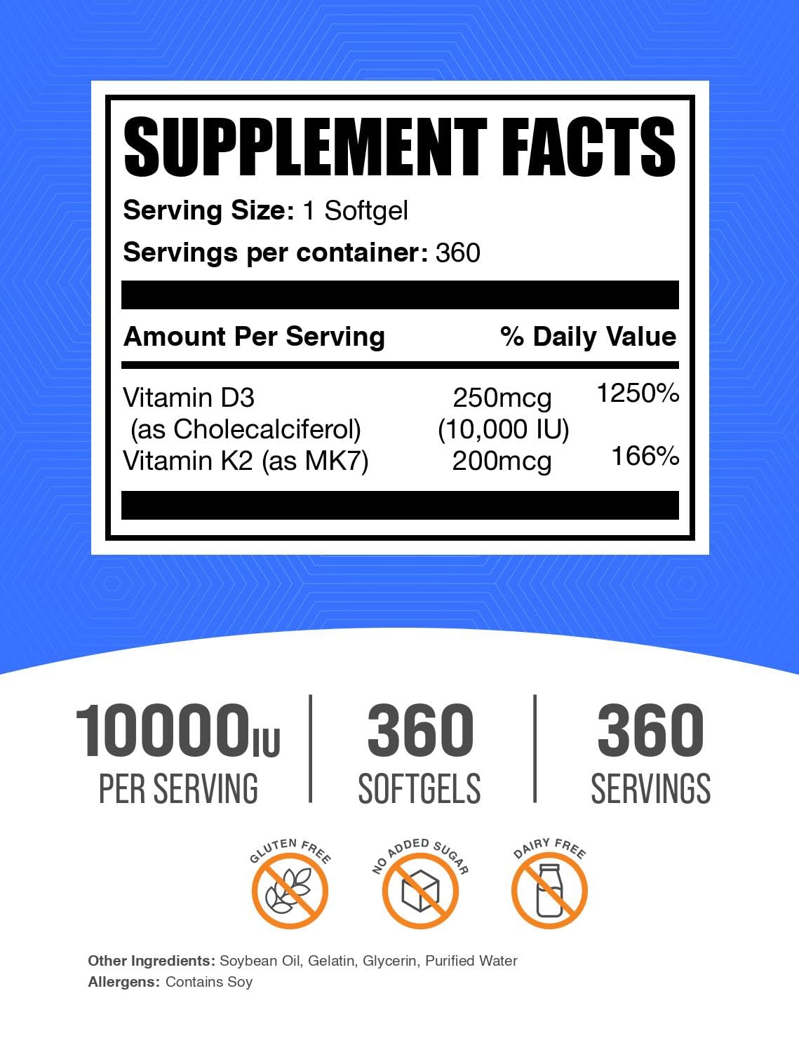 Etiqueta frontal BulkSupplements Vitamina D3 + K2, información clara