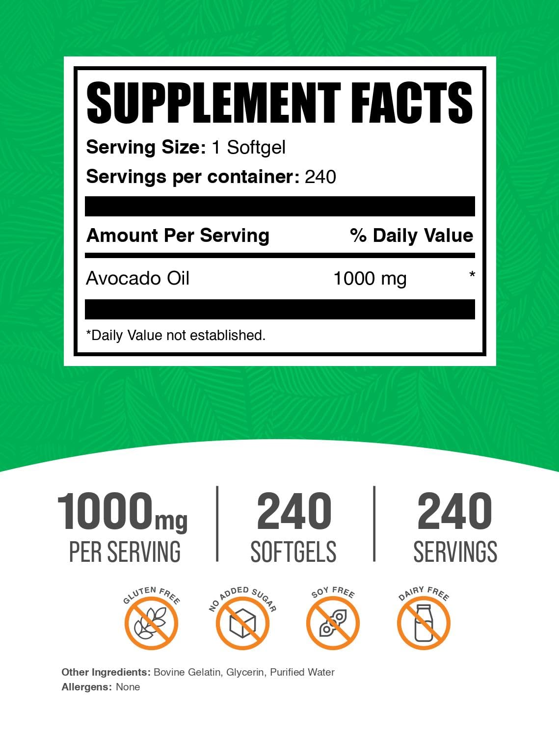 BulkSupplements Aceite de Aguacate 1000 mg etiqueta-producto que facilita identificación rápida.