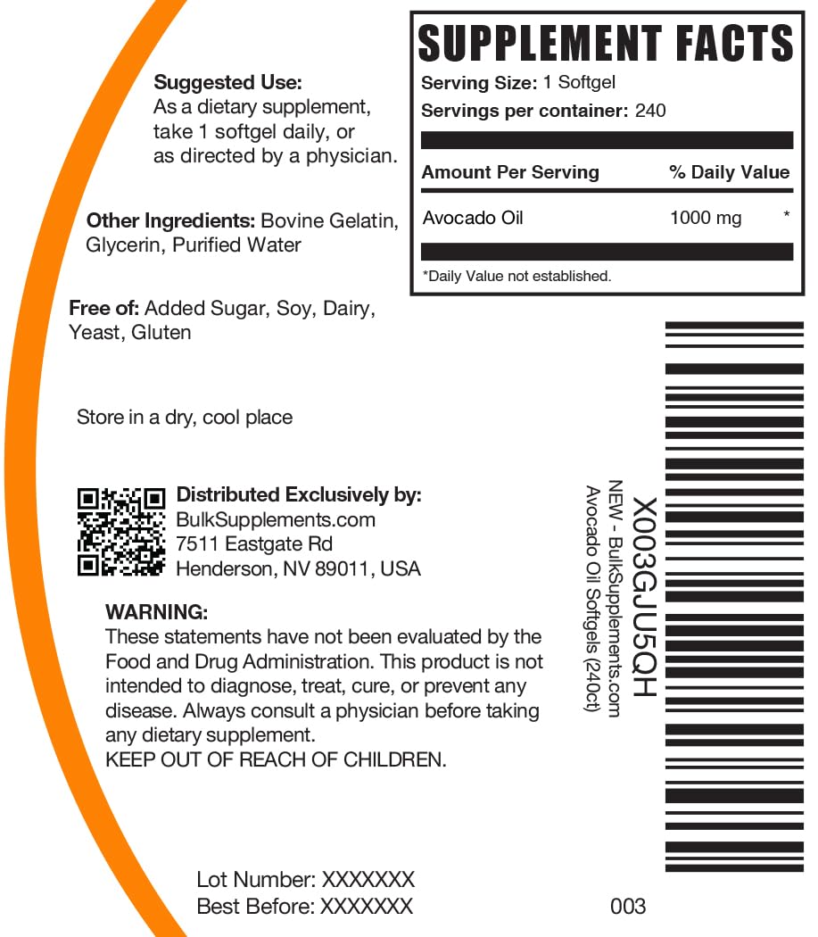 BulkSupplements Aceite de Aguacate 1000 mg uso diario cómodo para hábitos saludables.