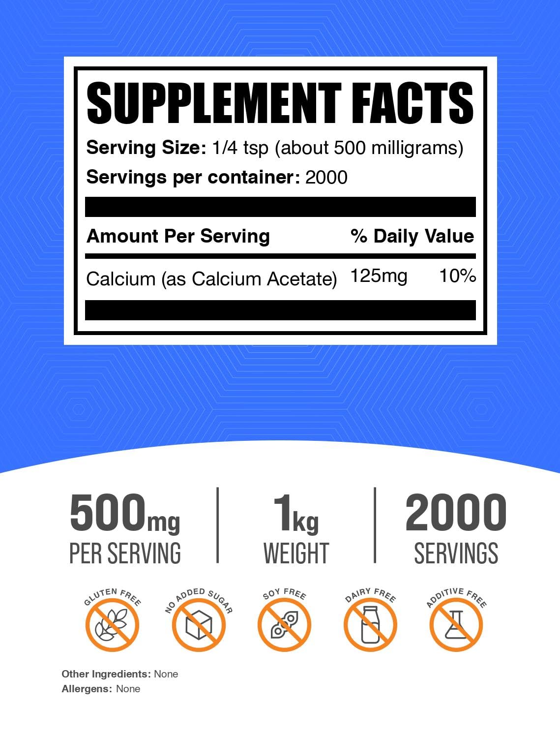 BulkSupplements acetato de calcio en polvo con cucharilla para medición rápida.