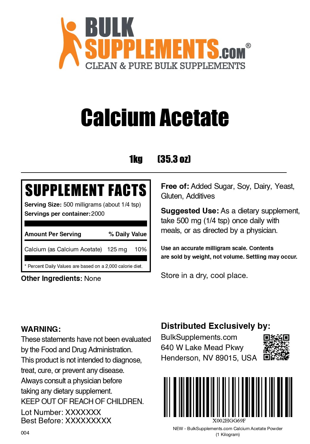 BulkSupplements acetato de calcio en polvo, ideal para integraciones diarias en la cocina.
