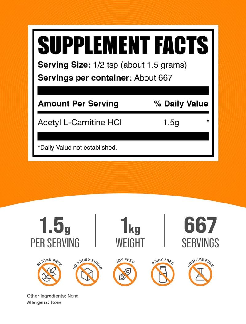 BulkSupplements Acetil-L-Carnitina Envase 1 kg para uso diario