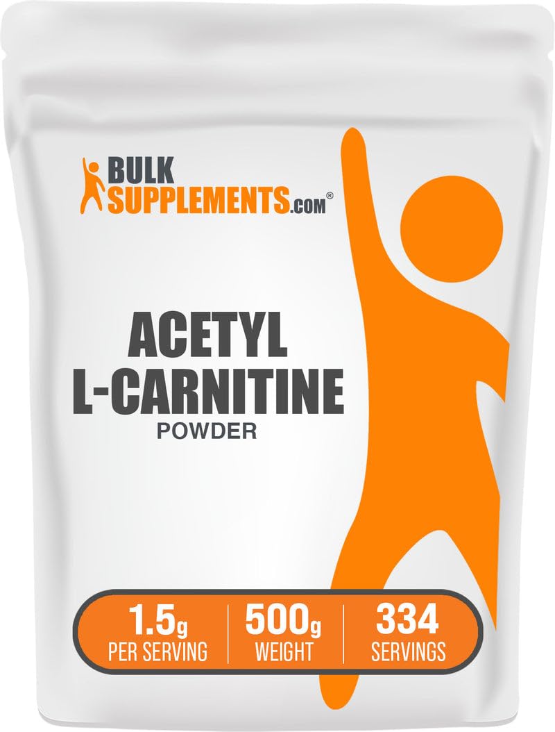 Bulksupplements Acetil L-Carnitina en polvo dentro de una botella, fácil de usar.