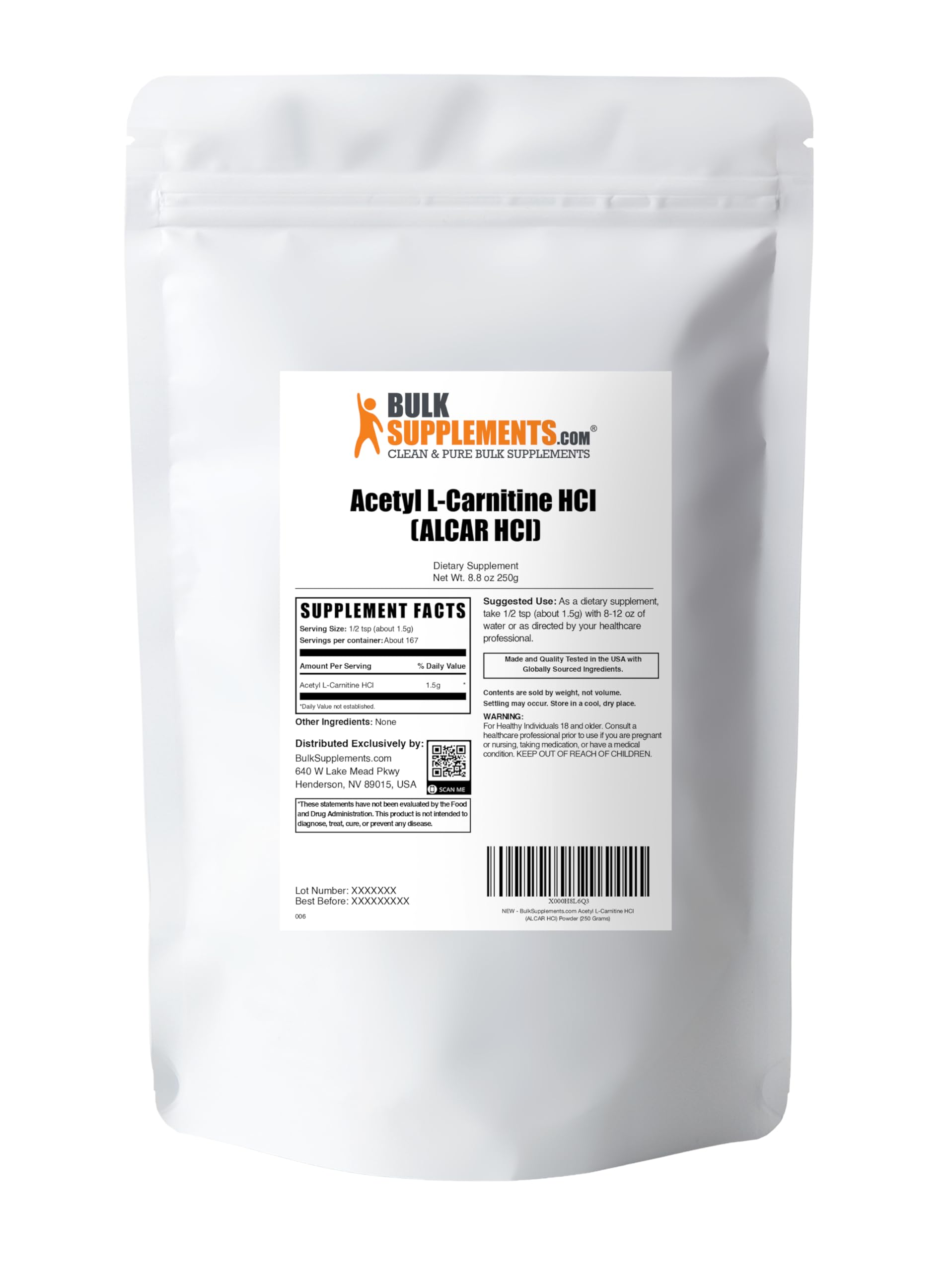 BulkSupplements Acetil L-Carnitina con pruebas de calidad de terceros.