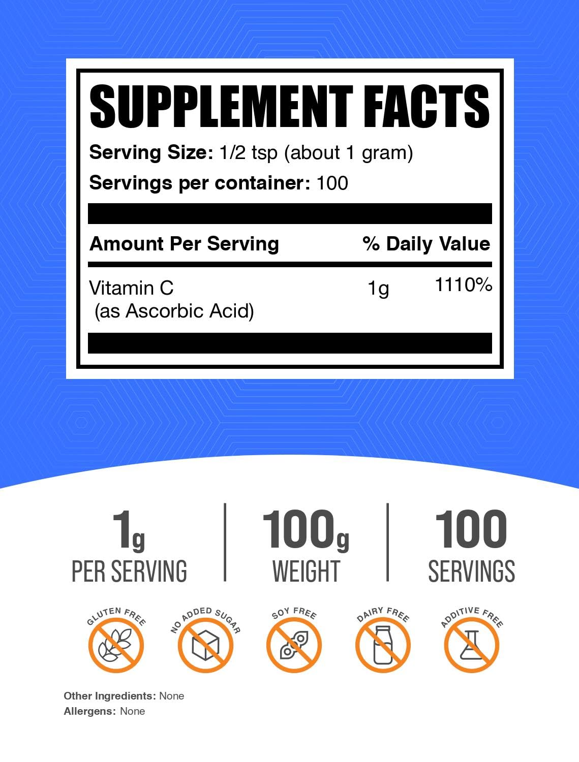 Polvo blanco de ácido ascórbico Bulksupplements para uso diario
