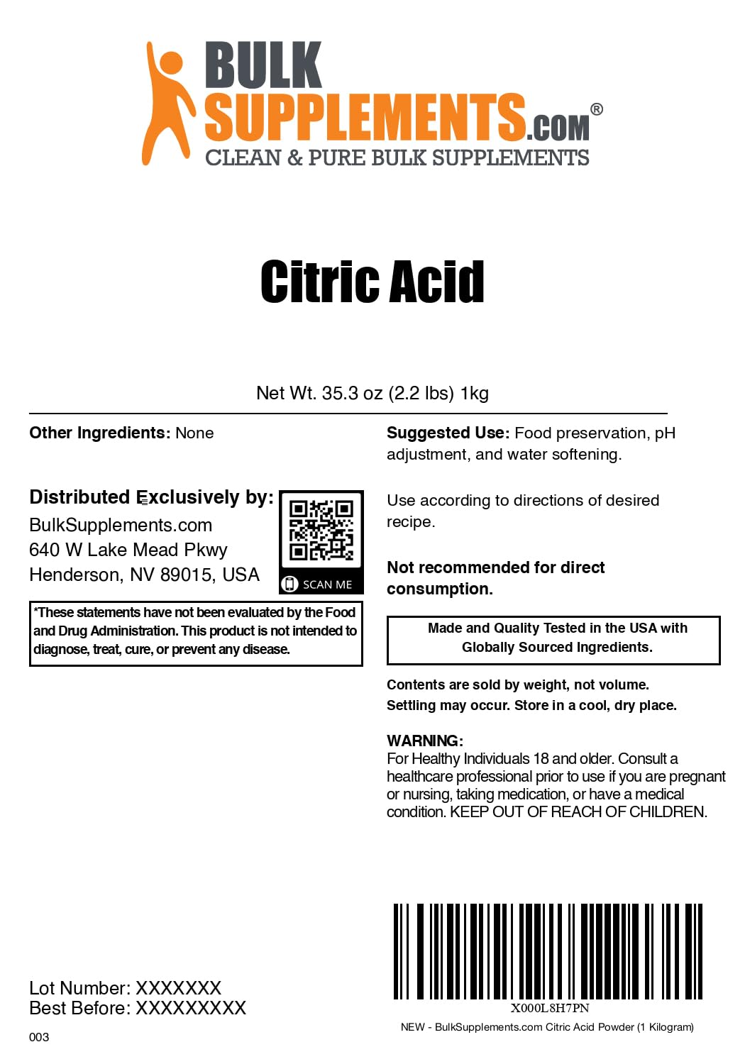 Polvo de ácido cítrico BulkSupplements para cocina, potenciando recetas y bebidas.