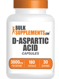 BulkSupplements ácido D-aspártico, bote de cápsulas, posible apoyo para entrenamiento diario.