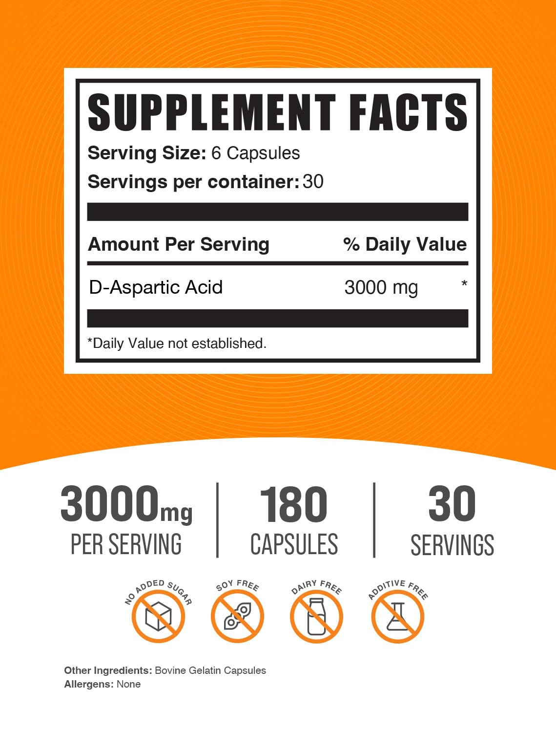 Cápsulas de ácido D-aspártico, presentación 3000 mg, para uso diario.