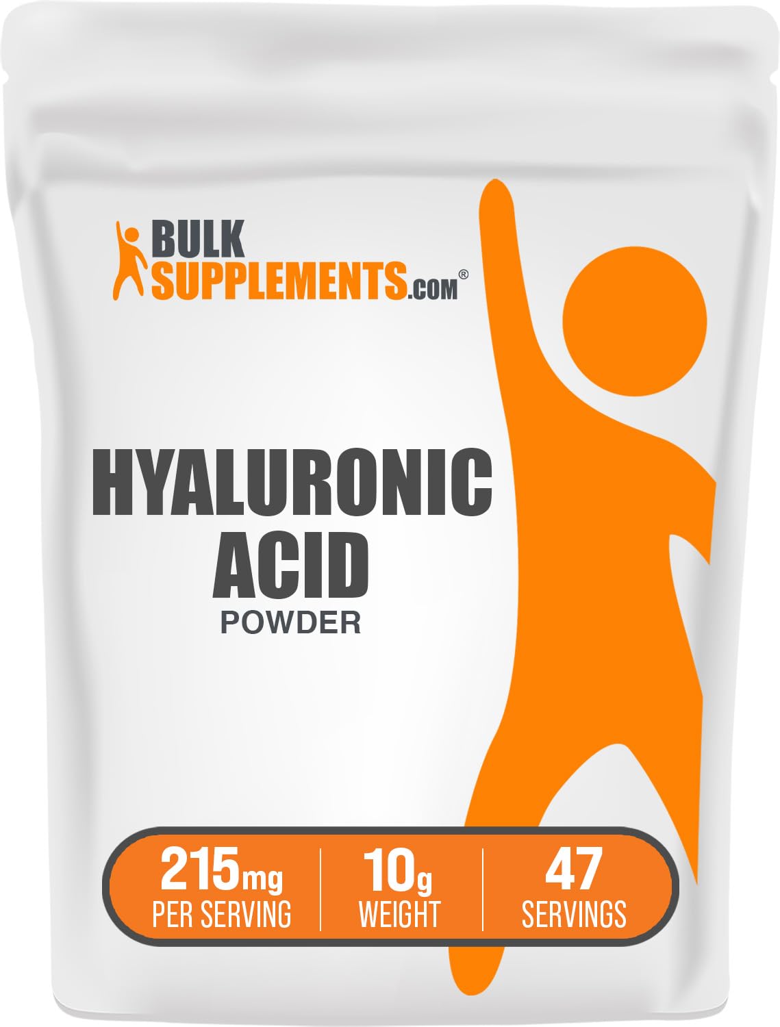 Bulksupplements ácido hialuronico polvo 215 mg listo para mezclar en batidos.