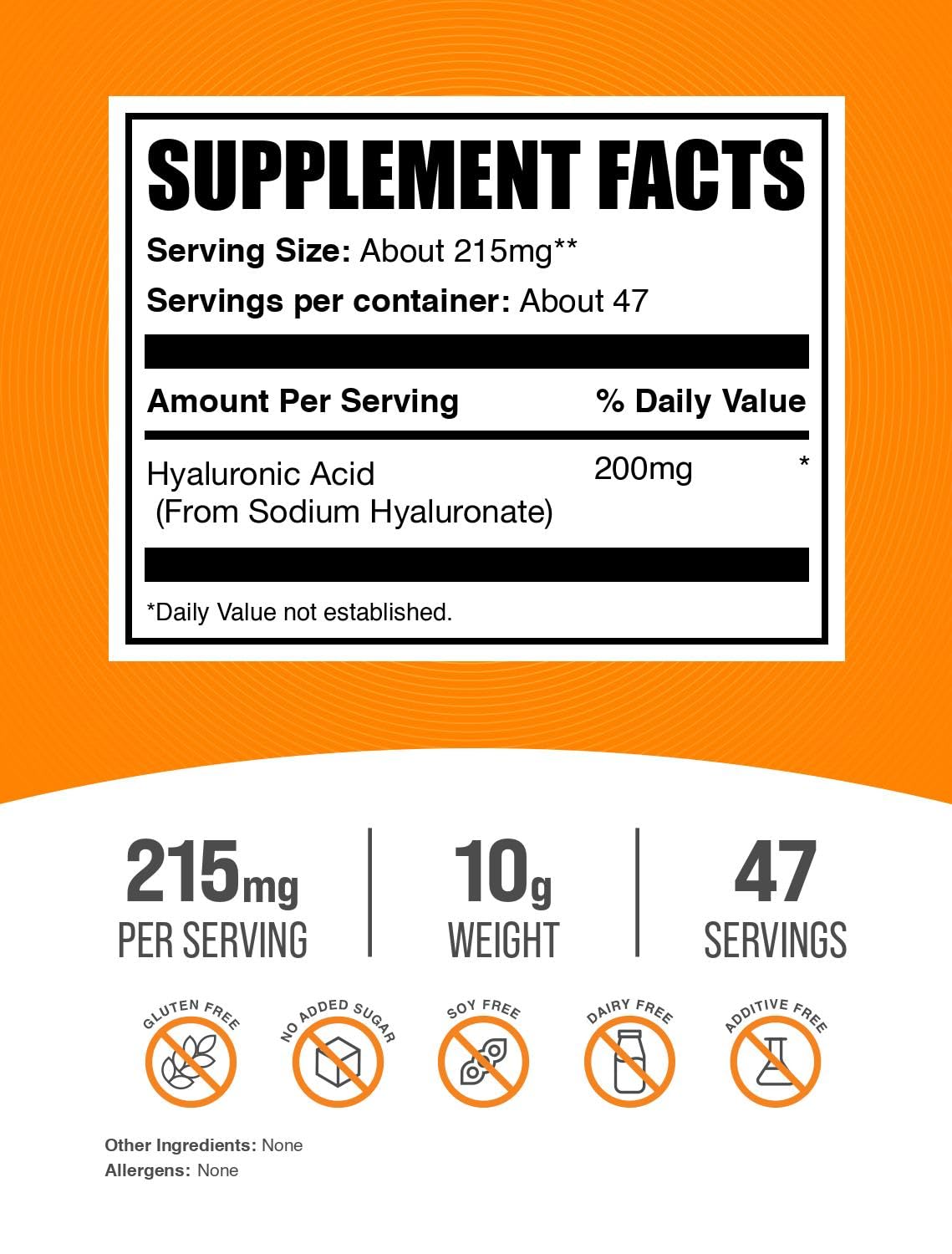 Bulksupplements ácido hialuronico polvo envase 10 g, fácil de medir.