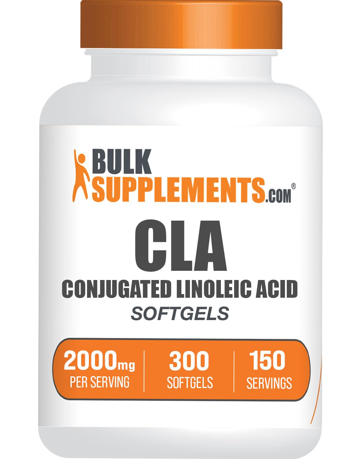 Bulksupplements CLA cápsulas blandas en botella para energía diaria.