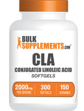 Bulksupplements CLA cápsulas blandas en botella para energía diaria.