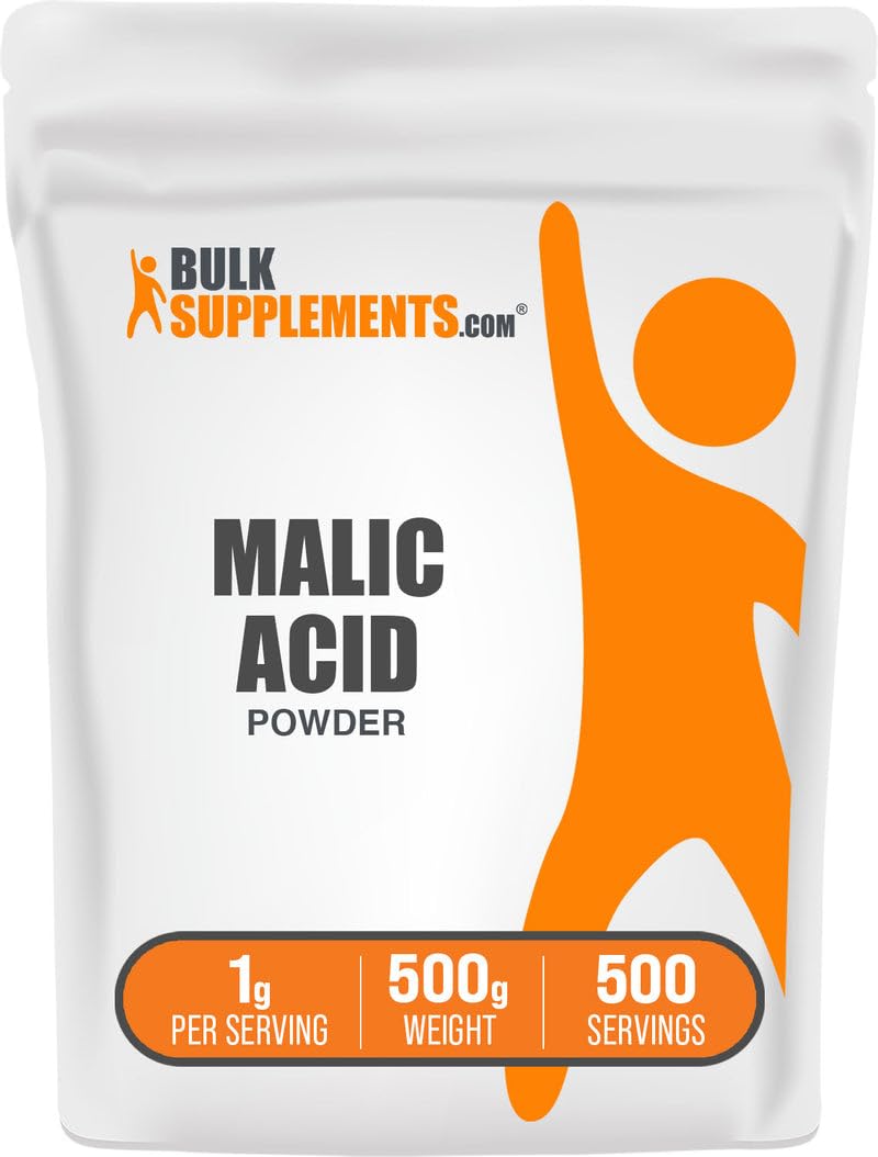BulkSupplements Ácido Málico en polvo, porción de 1 g para batidos diarios.