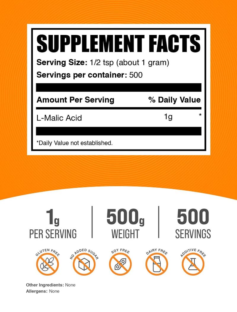 BulkSupplements Ácido Málico en polvo en recipiente de 500 g para suministro continuo.
