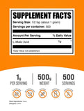 BulkSupplements Ácido Málico en polvo en recipiente de 500 g para suministro continuo.