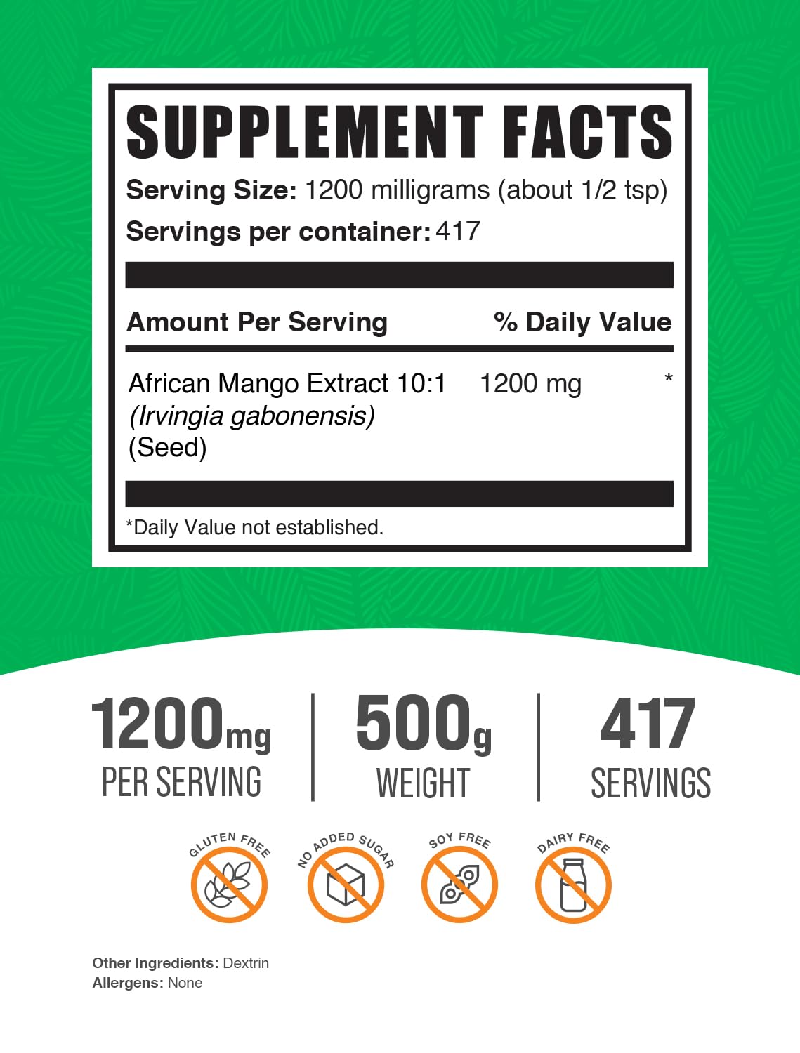 BulkSupplements extracto mango africano en polvo con cuchara para dosis diaria fácil
