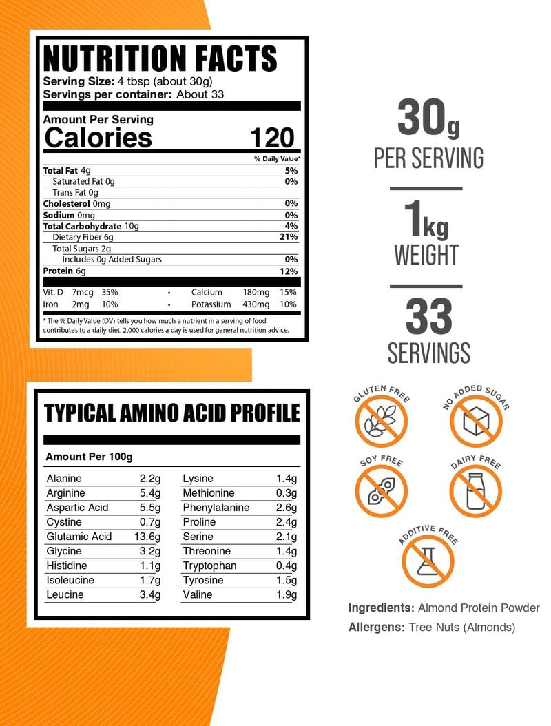 BulkSupplements proteína de almendra: polvo para mezclar fácilmente en bebidas veganas.