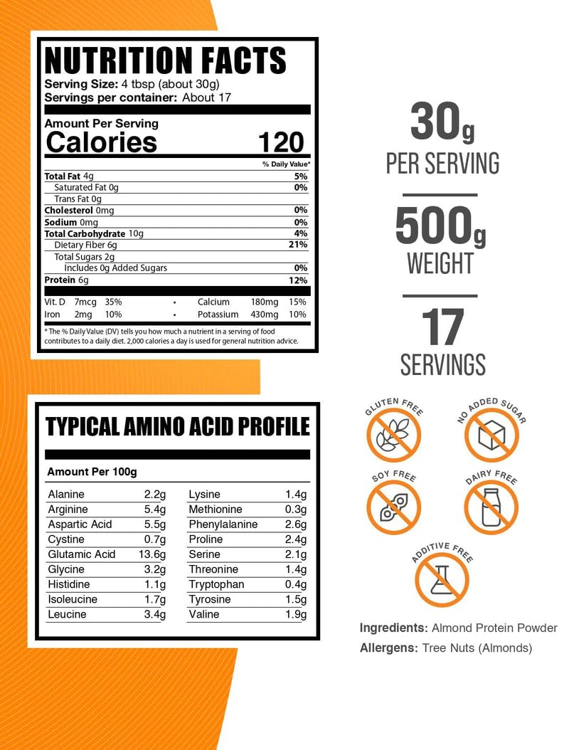 BulkSupplements Proteína de almendra en polvo para entrenamiento, fuente vegetal.