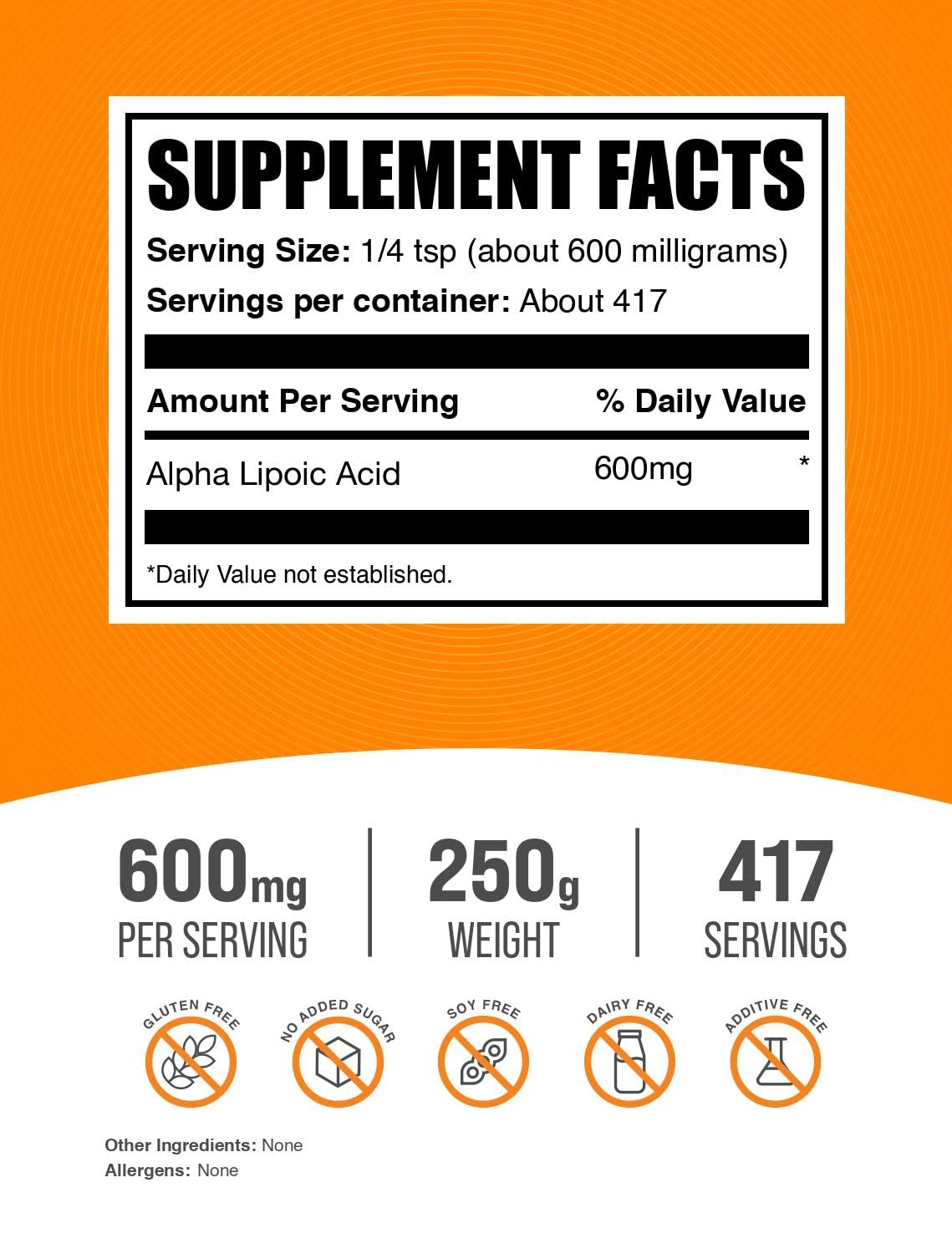 Bulksupplements Alpha Lipoic Acid powder, porción de 600 mg para una dosis clara.