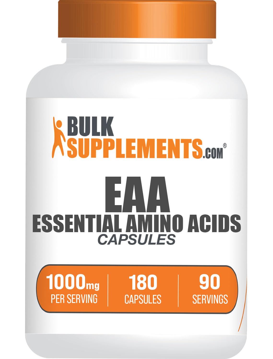 BulkSupplements Essential Amino Acids: botella con cápsulas para apoyar entrenamiento y recuperación.