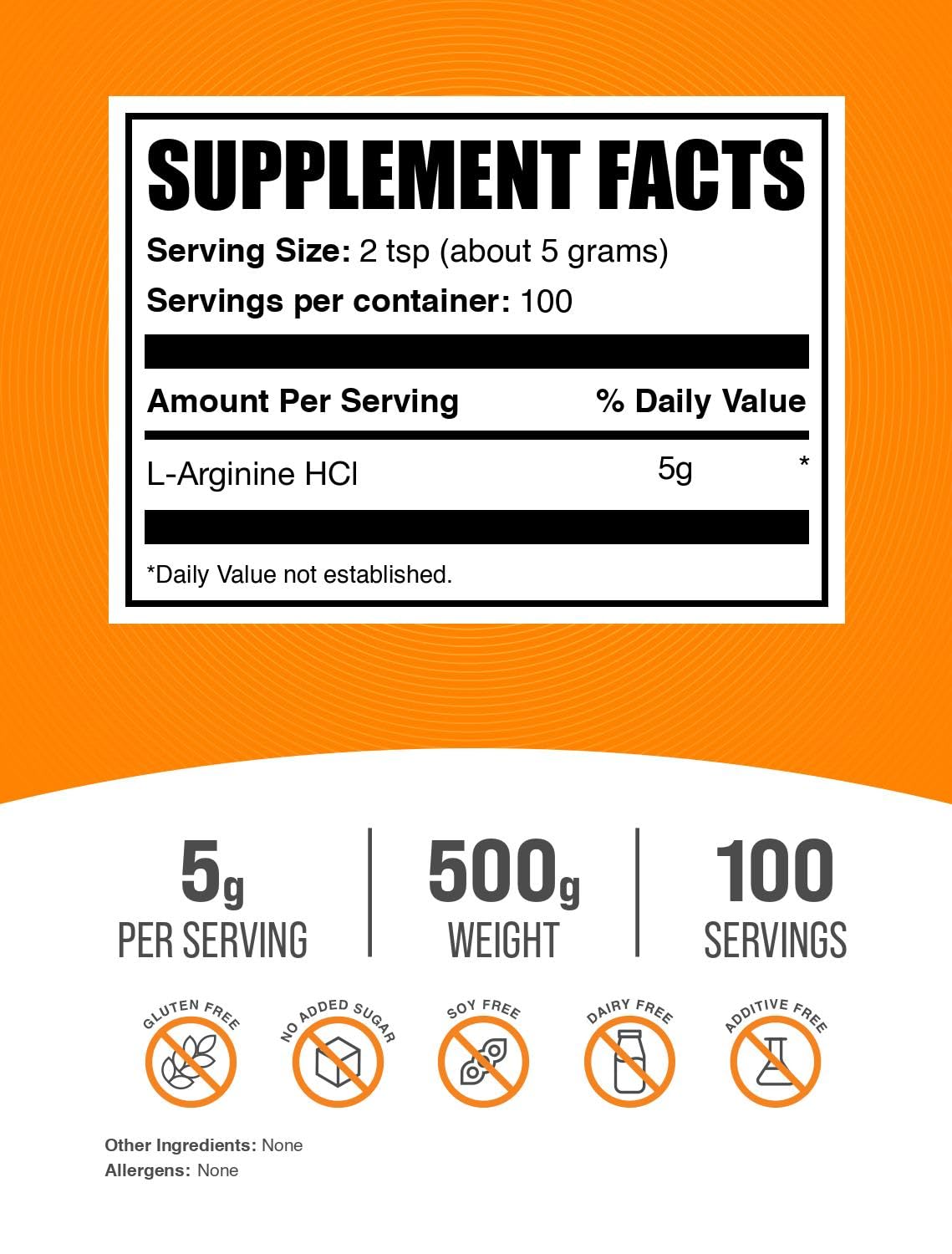 BulkSupplements L-Arginina HCl Porción 5 g, conveniente para planes de entrenamiento.