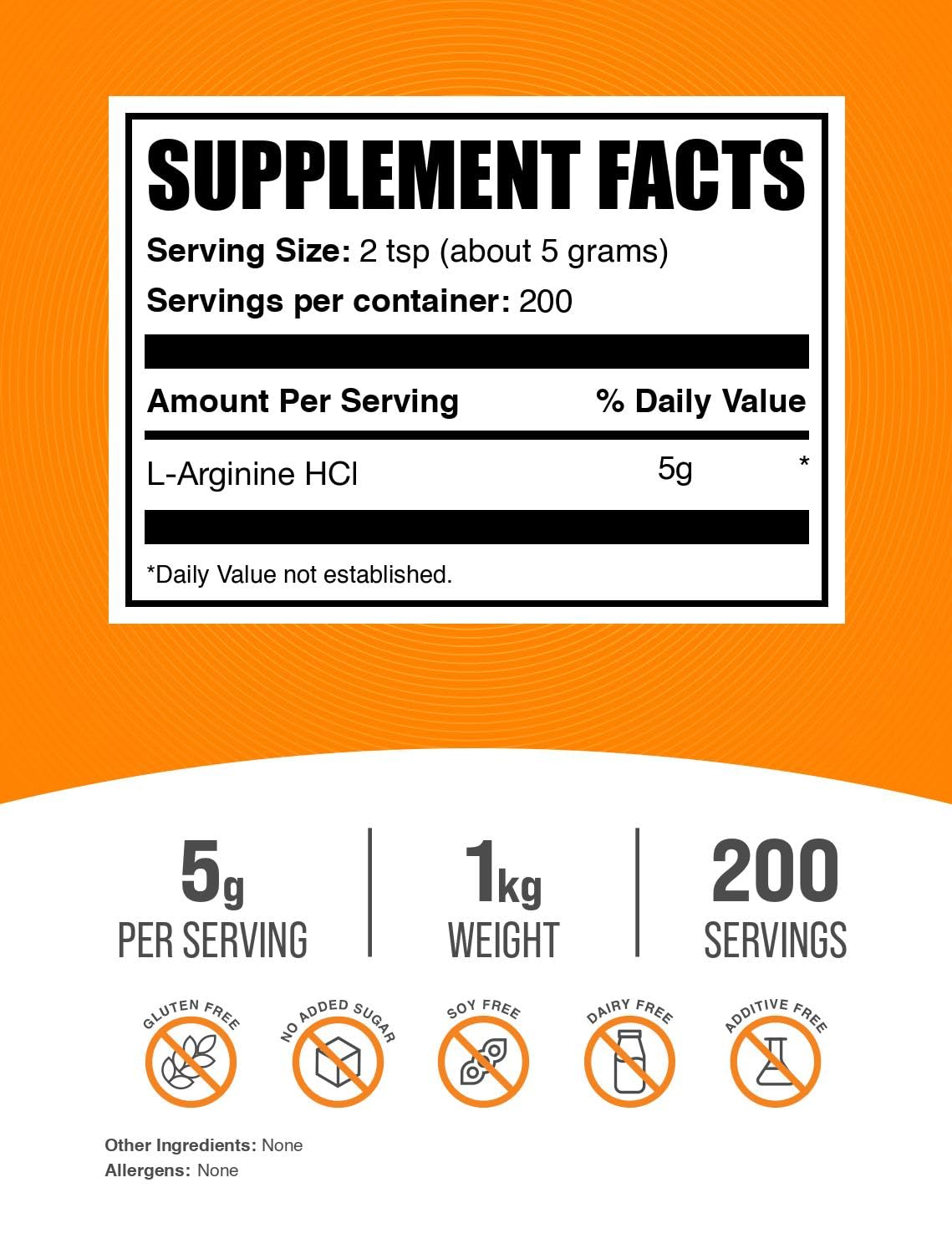 Porción de 5 g de L-Arginina HCl en BulkSupplements, fácil de medir