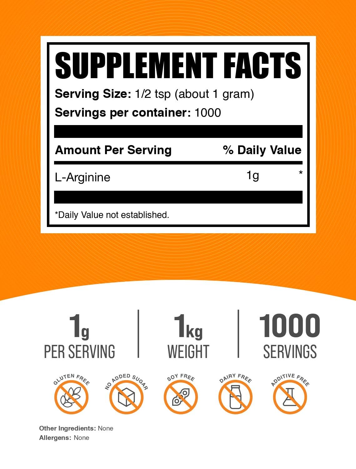 BulkSupplements L-Arginina polvo en envase de 1 kg, uso diario.