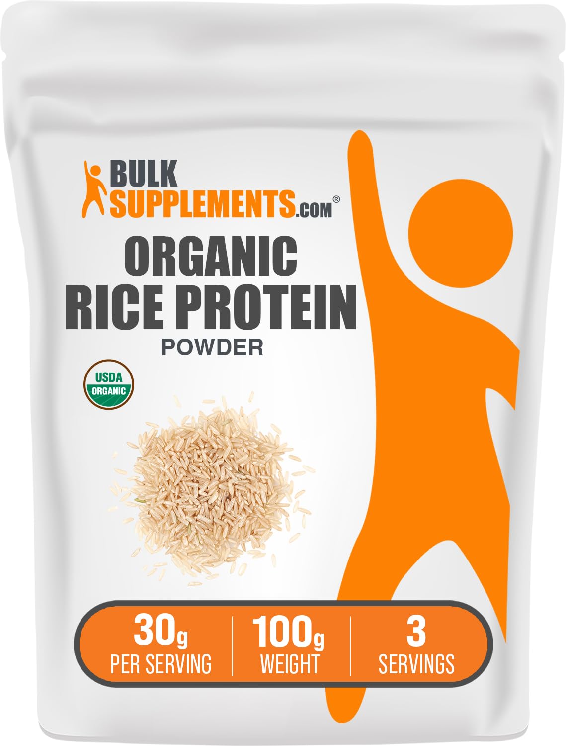 BulkSupplements Arroz Proteína Orgánica en empaque, opción vegana y sin gluten.